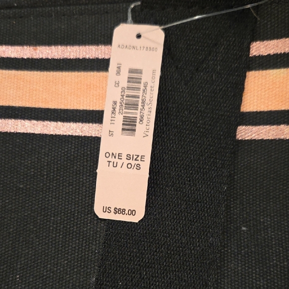 Victoria's Secret NWT Black and Pink Striped Huge Canvas Tote Bag w/zip Closure - Picture 2 of 6